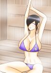  1girl alluring bare_legs big_breasts bikini black_hair cleavage kanisuka_rita mokuro_(artist) ohsama_sentai_king-ohger purple_bikini sauna short_hair steam steam_room super_sentai 
