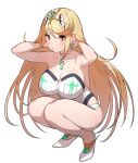 1girl adjusting_hair alluring big_breasts bikini blonde_hair chest_jewel cleavage closed_mouth earrings green322 hair_between_eyes hand_in_pocket high_res jewelry long_hair looking_at_viewer mythra nintendo one-piece_bikini squatting swept_bangs swimsuit tiara white_footwear white_one-piece_bikini xenoblade_(series) xenoblade_chronicles_2 yellow_eyes
