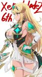  1girl 1girl alluring big_breasts blonde_hair breasts chest_jewel cleavage closed_mouth earrings ereka female_focus forehead_jewel high_res jewelry long_hair matching_hair/eyes mythra_(xenoblade) nintendo standing swept_bangs tiara very_long_hair white_background xenoblade_(series) xenoblade_chronicles_2 yellow_eyes 