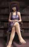 1_girl 1girl arm arms art artist_request bare_legs bare_shoulders barefoot book bookshelf chair crossed_legs dress feet female hands_together legs legs_crossed long_hair looking_at_viewer neck patchouli_knowledge purple_eyes purple_hair serious sitting solo touhou 