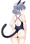  1_girl 1girl animal_ears arm arms art ass babe back bare_legs bare_shoulders blue_eyes blush cat_ears cat_tail competition_swimsuit female grey_hair high_res highres kyougoku_shin legs looking_at_viewer looking_back neck one-piece_swimsuit one-piece_thong sanya_v_litvyak shiny shiny_hair shiny_skin short_hair shy simple_background solo standing strike_witches sweat sweatdrop swimsuit tail wedgie white_background 