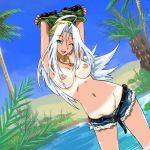  1girl arms_up belt bikini_tan breasts camouflage denim denim_shorts female green_eyes guilty_gear jeans jellyfish_pirates jewelry long_hair michael necklace nipples nude oasis one_eye_closed shorts smile solo tan tanline topless tree undressing water white_hair wink 