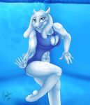 1girl anthro belly_cutout bovid breasts caprine cleavage_cutout clothing cutout female fur goat high_res mammal nipple_outline one-piece_swimsuit purple_clothing solo swimming_pool swimwear the-blub-meister toby_fox toriel undertale undertale_(series) underwater water white_body white_fur