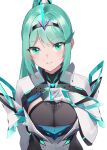  1girl 1girl absurd_res alluring big_breasts cleavage evan_(pixiv7510743) green_eyes green_hair hairband hand_on_own_chest high_res long_hair looking_at_viewer nintendo pneuma_(xenoblade) ponytail sidelocks simple_background smile upper_body white_background xenoblade_(series) xenoblade_chronicles_2 