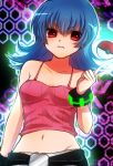  1girl bare_shoulders belt black_hair bracelet breasts collarbone flipped_hair floating glowing gym_leader hair hips jewelry lips looking_at_viewer midriff mound_of_venus natsume_(pokemon) navel nintendo poke_ball pokemon pokemon_(game) red_eyes serious short_hair small_breasts solo wristband 