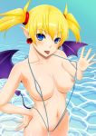  1girl :p aq_interactive arcana_heart arcana_heart_2 atlus bikini blonde_hair blue_eyes breasts demon_tail demon_wings earrings examu fangs female hand_on_hip jewelry lilica_felchenerow navel nipples pointy_ears short_hair sling_bikini solo swimsuit tail tomatto_(@ma!) tongue tongue_out water wings 