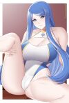 1girl 2023 alluring alternate_costume aslind_samure aslindsamure blue_eyes blue_hair breasts cleavage female_only fire_emblem fire_emblem_engage huge_breasts indoors leg_grab light-skinned_female light_skin long_hair looking_at_viewer lumera_(fire_emblem) milf nintendo one-piece_bikini one-piece_swimsuit partially_visible_vulva sitting smile spread_legs swimsuit very_long_hair white_one-piece_swimsuit white_swimsuit