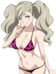 1girl alluring ann_takamaki bangs big_breasts bikini blonde blonde_hair blue_eyes blush breasts cleavage clothing collarbone curvy eyebrows_visible_through_hair eyelashes female_only fully_clothed grin hairclip index_finger_raised leopard_print leopard_print_bikini lips long_hair looking_at_viewer navel persona persona_5 purple_bikini purple_swimsuit ra_pen sexually_suggestive shiny_hair shiny_skin smile standing swept_bangs swimsuit twin_tails video_game video_games voluptuous white_background wide_hips
