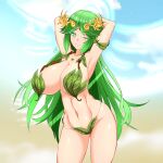  1girl absurd_res alluring armlet arms_up big_breasts bikini bracelet breasts circlet collarbone commentary_request cowboy_shot crown expirednepbull eyelashes forehead_jewel gem green_eyes green_hair hair_flaps high_res jewelry kid_icarus kid_icarus_uprising leaf_bikini lips long_hair looking_at_viewer midriff navel one_eye_closed palutena parted_lips shiny_skin sky stomach swimsuit very_long_hair 