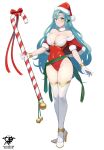 1girl alluring alternate_costume aqua_hair bare_shoulders big_breasts blue_hair bow breasts candy candy_cane chloe_(fire_emblem) christmas christmas_outfit cleavage collar covered_navel female_only fire_emblem fire_emblem_engage food full_body fur_collar green_eyes groin hat high_heels holding holding_candy holding_food kaos_art leotard long_hair looking_at_viewer nintendo off-shoulder_leotard red_bow red_headwear red_leotard santa_hat short_sleeves simple_background smile standing stockings thighs very_long_hair white_background white_collar white_thighhighs