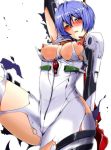  1girl areolae arm_up arms_up bad_id blue_hair blush bodysuit breasts breasts_outside covered_nipples erect_nipples female hair_ornament highres inu_(marukome) legs looking_at_viewer lying marukome01 neon_genesis_evangelion nipples no_bra open_mouth plugsuit red_eyes rei_ayanami short_hair simple_background solo standing thighs torn_clothes white_background 