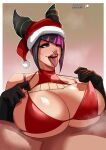 1boy 1girl big_breasts breasts christmas christmas_outfit cleavage colacat95 gloves han_juri juri_han paizuri tongue twitter