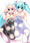  2girls ahen aqua_eyes blonde_hair blue_eyes breasts crossed_legs feet female hair_ribbon hand_on_another's_chest hand_on_chest hand_on_own_chest hand_to_chest hatsune_miku kagamine_rin legs_crossed long_hair multiple_girls nipples no_nose no_shoes pantyhose pov_feet ribbon short_hair sitting smile soles toes topless twintails very_long_hair vocaloid white_legwear white_pantyhose 