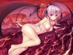  1girl ass atomix barefoot bat_wings breasts demon demon_girl demon_tail demon_wings face feet female hands hell horns large_wings legs lightning looking_at_viewer lying molten_rock navel nipples nude on_side original pink_eyes pink_hair red_eyes sideboob solo succubus tail volcano watermark wings 