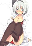  1girl bad_id blush bra breasts brown_legwear cleavage collarbone commentary commentary_request dress_shirt feet female flying_sweatdrops green_eyes hair_ribbon highres konpaku_youmu konpaku_youmu_(ghost) large_breasts lingerie long_sleeves looking_at_viewer nearly_naked_shirt no_pants no_shoes oniku-chan oniku_(shimofuri-ke) open_clothes open_mouth open_shirt outstretched_foot outstretched_leg panties pov_feet red_bra red_panties ribbon shirt short_hair silver_hair sitting soles solo thighhighs toes touhou underwear 