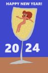 1girl 2024 a_goofy_movie barefoot black_eyes blue_background breasts bubbles champagne disney drinking_glass feet female_only giant_glass glass happy_new_year naked_female navel new_year nude nude nude_female open_eyes open_mouth pussy roxanne roxanne_(goof_troop) swimming tagme