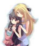  2_girls 2girls alternate_costume arm arms art bare_shoulders black_hair blonde blonde_hair blush brown_eyes casual clothes_hanger cynthia dawn female from_behind hair_ornament hair_over_one_eye hairclip hand_on_another&#039;s_shoulder hand_on_shoulder hands_on_shoulders high_res highres hikari_(pokemon) holding long_hair looking_at_viewer multiple_girls nel_(hana-melt) nintendo open_mouth pokemon pokemon_(anime) pokemon_(game) pokemon_dppt shirona_(pokemon) shirt shopping sleeveless_shirt white_background yuri 