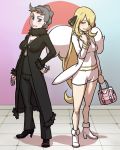  2girls blonde_hair blue_eyes boots breasts brown_eyes brown_hair carnet_(pokemon) carnet_(pokemon)_(cosplay) cleavage cosplay costume_switch cynthia diantha habatakuhituji hair_ornament hair_over_one_eye high_heel_boots high_heels multiple_girls pokemon purple_eyes shirona_(pokemon) shirona_(pokemon)_(cosplay) 
