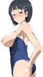  1girl adjusting_clothes adjusting_swimsuit bangs black_eyes black_hair blunt_bangs blush breasts breasts_outside competition_school_swimsuit female from_side hair_ornament hairclip kiiro_no_nantoka kirigaya_suguha large_breasts looking_at_viewer nipples one-piece_swimsuit school_swimsuit short_hair side simple_background solo standing swimsuit swimsuit_pull sword_art_online white_background 