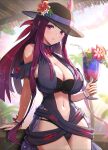  1girl 1girl 1girl alluring alternate_costume bare_shoulders big_breasts black_headwear black_one-piece_swimsuit black_swimsuit breasts casual_one-piece_swimsuit cleavage clothing_cutout cocktail_glass cup dress dress_swimsuit drink drinking_glass female_only fire_emblem fire_emblem_engage fire_emblem_heroes flower gonzarez hat hat_flower high_res holding holding_cup ivy_(fire_emblem) ivy_(summer)_(fire_emblem) long_hair looking_at_viewer mole mole_under_mouth nintendo official_alternate_costume one-piece_swimsuit outside palm_tree parted_lips purple_eyes purple_hair see-through_headwear sitting stomach_cutout sunlight swimsuit tree tropical_drink 