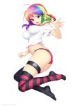  1girl ahoge atomix blonde_hair blush bouncing_breasts breasts female green_hair highres impossible_clothes impossible_shirt large_breasts looking_at_viewer mismatched_legwear multicolored_hair navel open_mouth original panties pink_eyes pink_hair purple_hair rainbow_hair red_hair red_panties shirt short_hair simple_background smile solo striped striped_legwear thigh_strap thighhighs underwear white_background 