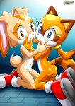  2girls anthro ass bbmbbf blue_eyes brown_eyes cream_the_rabbit cub female_focus furry furry_female kneel looking_at_viewer marine_the_raccoon mobius_unleashed nude open_mouth palcomix sega shoes sonic sonic_the_hedgehog_(series) tongue tongue_out yuri 