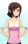  1girl bare_shoulders blush breasts brown_eyes brown_hair camisole cleavage female glasses gundam gundam_build_fighters hairband highres kenken kousaka_china looking_at_viewer over-rim_glasses parted_lips red-framed_glasses semi-rimless_glasses short_hair smile solo strap_pull tan undressing 