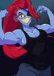 1girl 2010s 2018 2d 2d_(artwork) anthro anthro_only black_tank_top blue_body blue_skin breasts cleavage dark_background deviantart digital_media_(artwork) ear_fins eye_patch eyepatch female_anthro female_only fins fish fish_girl flexing grin hair head_fins hellonearth-iii long_hair looking_at_viewer marine medium_breasts monster monster_girl muscle muscular muscular_anthro muscular_female non-mammal_breasts ponytail red_eyes red_hair red_ponytail sharp_teeth simple_background slit_pupils solo_anthro solo_female tank_top teeth undertale undertale_(series) undyne video_game_character video_games yellow_sclera yellow_teeth