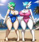  2_girls blue_swimsuit javvy nintendo pink_swimsuit pokemon swimsuit 