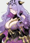  1girl 1girl alluring armor big_breasts breast_strap breasts camilla_(alluring_darkness)_(fire_emblem) camilla_(fire_emblem) cleavage crown dress fake_horns fire_emblem fire_emblem_fates fire_emblem_heroes frilled_dress frills gloves hair_over_one_eye high_res horned_headwear horns long_hair looking_at_viewer nintendo official_alternate_costume peach11_01 purple_dress purple_eyes purple_gloves purple_hair smile tiara very_long_hair wavy_hair 