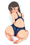  1girl ass back barefoot blush brown_eyes brown_hair cameltoe competition_swimsuit feet female gagajya looking_back one-piece_swimsuit original soles solo swimsuit toes 