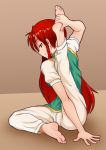  1girl barefoot braid feet female flexible hands_on_feet hong_meiling iromeki_overdrive long_hair looking_at_viewer no_hat no_headwear pants red_eyes red_hair sitting smile soles solo stretch toes touhou twin_braids yoga 