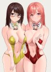  2_girls absurd_res alluring bare_shoulders big_breasts black-framed_eyewear black_hair blush breasts brown_eyes cleavage commentary_request dead_or_alive dead_or_alive_6 dead_or_alive_xtreme dead_or_alive_xtreme_2 dead_or_alive_xtreme_3_fortune dead_or_alive_xtreme_beach_volleyball dead_or_alive_xtreme_venus_vacation detached_collar elbow_gloves glasses gloves gold_trim grey_background hand_up head_tilt high_res hoki1314 honoka honoka_(doa) leotard multiple_girls navel parted_lips pink_eyes pink_hair red_leotard see-through smile stomach strapless strapless_leotard tecmo thighs tsukushi_(doa) v yellow_leotard 