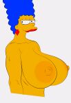  blue_hair earrings erect_nipples large_areolae marge_simpson massive_breasts red_lipstick the_simpsons yellow_skin 