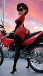  3d 3d_(artwork) bob_cut bodysuit brown_eyes brown_hair dat_ass domino_mask elastigirl grin helen_parr high_heel_boots high_heels large_ass latex looking_at_viewer looking_back milf motorcycle outside smile smiling_at_viewer smitty34 sunset superhero superheroine the_incredibles the_incredibles_2 