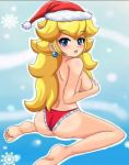  1_girl 1girl :d arm art ass back bare_back bare_legs bare_shoulders barefoot big_breasts blonde blonde_hair blue_eyes blush breasts covering covering_breasts earrings feet female hat jewelry large_breasts legs long_hair looking_at_viewer looking_back mario_(series) neck nintendo open_mouth panties princess_peach red_panties santa_hat sideboob sigurdhosenfeld sitting smile snowflakes solo super_mario_bros. topless wariza 