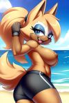  ai_generated beach big_breasts breasts clothing laying_down mobians.ai nipples nuggeto sea seaside sega shorts sonic_the_hedgehog_(series) topless topless_female whisper_the_wolf 