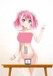 1girl belly_button closed_legs covered_breasts mini_tv naked_girl nude table tape taped_belly_button yu-gi-oh!_arc-v yugioh_arc-v yuzu_hiiragi zuzu_boyle