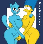 2024 blue_background blue_hair blue_skin cat_ears cat_tail closed_mouth crossover english_text eyebrows eyelashes furfurric looking_at_viewer marge_simpson navel nicole_watterson open_mouth pink_nose pussy pussy smiling_at_viewer the_amazing_world_of_gumball the_simpsons whiskers yellow_skin