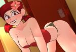  arkeus ass breasts cleavage door earrings flower flower_in_hair flower_ornament no_pants on_fours panties red_hair red_tank_top smile total_drama:_revenge_of_the_island total_drama_island twin_tails zoey_(tdi) 