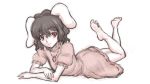  1girl animal_ears barefoot black_hair carrot dress feet female inaba_tewi jewelry kuro_suto_sukii legs lying on_stomach red_eyes short_hair sketch smile soles solo toes touhou 