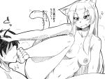  1girl animal_ears barefoot breasts cat_ears cat_tail feet female foot_licking foot_worship licking long_hair monochrome nipples nokoppa nude original tail toes translated 