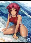  1girl :3 animal_ears arm_support bare_shoulders barefoot breasts collarbone competition_swimsuit doll female fingernails goggles hands highres hips inoue_makito lane_line legs letterboxed light_smile lips looking_at_viewer one-piece_swimsuit original outdoors pool poolside red_eyes red_hair red_swimsuit redhead ripples shiny shiny_skin short_hair smile solo swim_cap swimcap swimsuit tan thighs towel water wet 