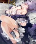  1girl ankle_ribbon bare_shoulders barefoot bow breasts doll_joints dress feet female frills gothic_lolita hairband jewelry legs lolita_fashion long_hair lying moruga off_shoulder on_back parted_lips pink_eyes ribbon ring rozen_maiden silver_hair solo suigintou toe_ring toes 