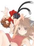  1girl animal_ears armpits barefoot bike_shorts brown_eyes brown_hair cat_ears cat_tail chen china_dress chinese_clothes dress earrings face feet female fingernails hands_reach_floor highres jewelry kuro_suto_sukii long_fingernails long_toenails multiple_tails nail_polish navel short_hair sleeveless smile soles solo spread_toes tail toe_spread toenail_polish toenails toes touhou zoom_layer 