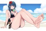  1girl 1girl alluring arm_support bare_legs barefoot beach big_breasts bikini black_bikini blue_eyes byleth_(fire_emblem) byleth_(fire_emblem)_(female) byleth_(summer)_(fire_emblem)_(female) crossed_legs cuboon drinking feet fire_emblem fire_emblem:_three_houses fire_emblem_heroes intelligent_systems legs looking_at_viewer medium_hair nintendo ocean outside resolution_mismatch sand sitting soles source_larger swimsuit teal_hair toes 