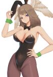 1girl absurd_res alluring alternate_costume animal_ears annoyed big_breasts black_leotard blue_eyes blue_pupils bow bowtie breast_tattoo breasts brown_hair cleavage commentary_request covered_navel detached_collar eunie_(xenoblade) fake_animal_ears fake_tail gluteal_fold hand_on_own_hip head_wings high_res highleg highleg_leotard leotard long_hair looking_at_viewer nintendo pantyhose playboy_bunny rabbit_ears rabbit_tail strapless strapless_leotard tail tattoo white_background white_wings wings wrist_cuffs xenoblade_(series) xenoblade_chronicles_3 zelc-face
