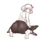  1girl all_fours ass blush feet female from_behind hair_ribbon kuro_suto_sukii looking_back monochrome pov_ass red_eyes ribbon rumia short_hair simple_background skirt solo the_embodiment_of_scarlet_devil touhou white_background youkai 