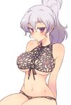  1girl bare_shoulders bikini blush breasts female front-tie_top hair_between_eyes kusanagi_tonbo large_breasts long_hair navel nipples original ponytail purple_eyes revealing_clothes silver_hair simple_background sitting solo swimsuit white_background 
