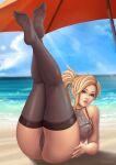  1girl 1girl 1girl absurd_res beach black_lingerie blonde_hair blue_eyes bustier covered_erect_nipples day female_focus female_only flowerxl hair_ornament high_res legs_up lingerie mercy mercy_(overwatch) nipples nipples_visible_through_bra ocean overwatch parasol pussy_visible_through_panties sitting solo_focus stockings thong umbrella underwear video_game_character 